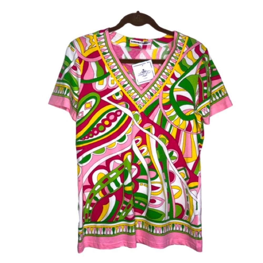 Barbara Gerwit Abstract Top Tee Multicoloured XL Short Sleeves V-neck